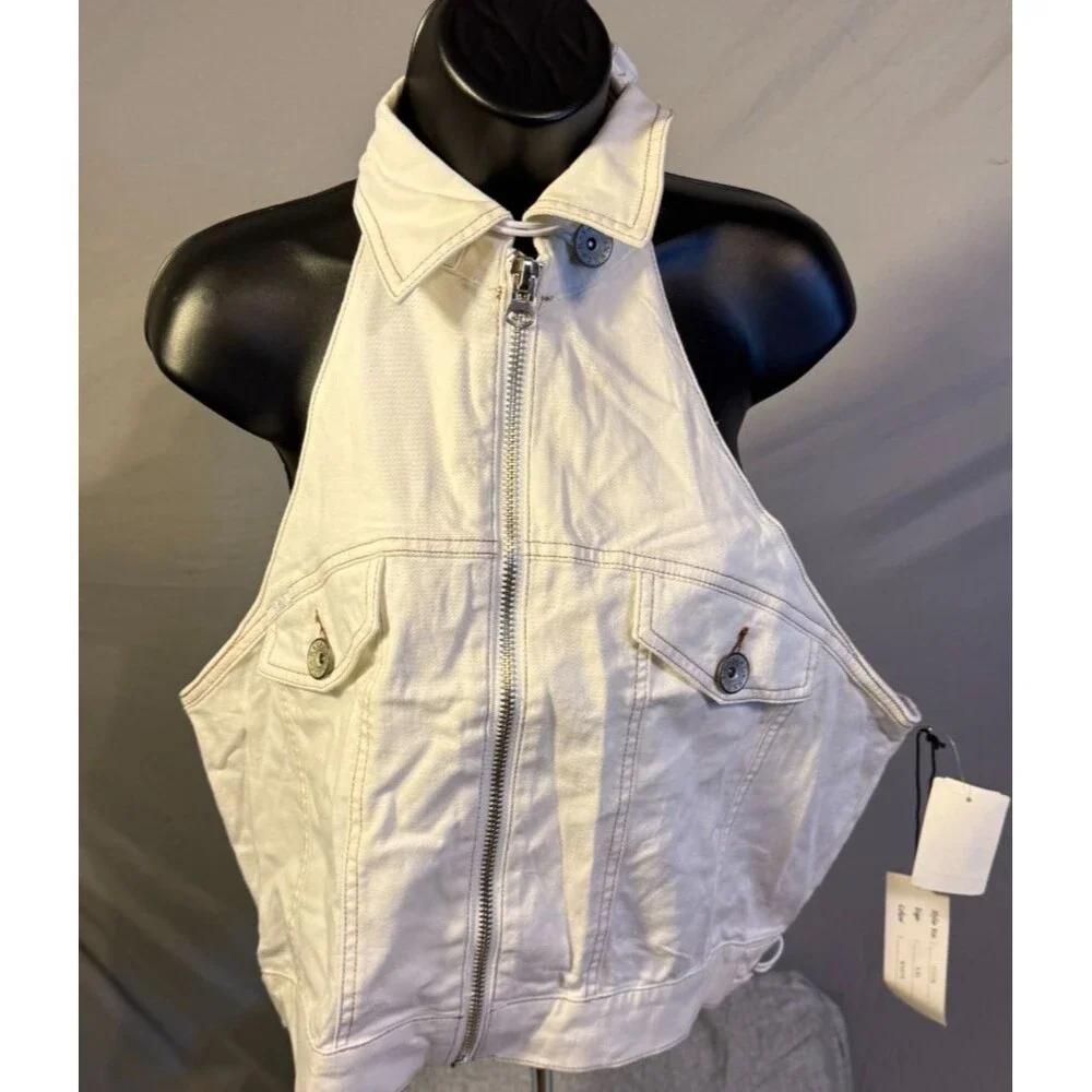 New RVT White Denim Jean Vest Stretch Sexy Layer Moto Vibes Womens PLus XXL 2X